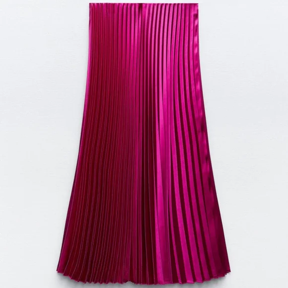 ZARA SATIN EFFECT PLEATED MIDI SKIRT FUCHSIA PINK M L NWT elastic waist - Picture 6 of 9